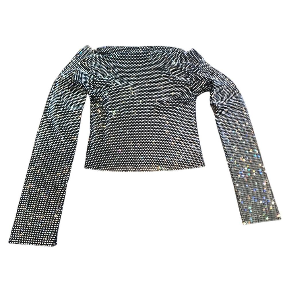 Akira Black Mesh Rhinestone Long Sleeve Sparkling Sexy Festival Top Size s/m